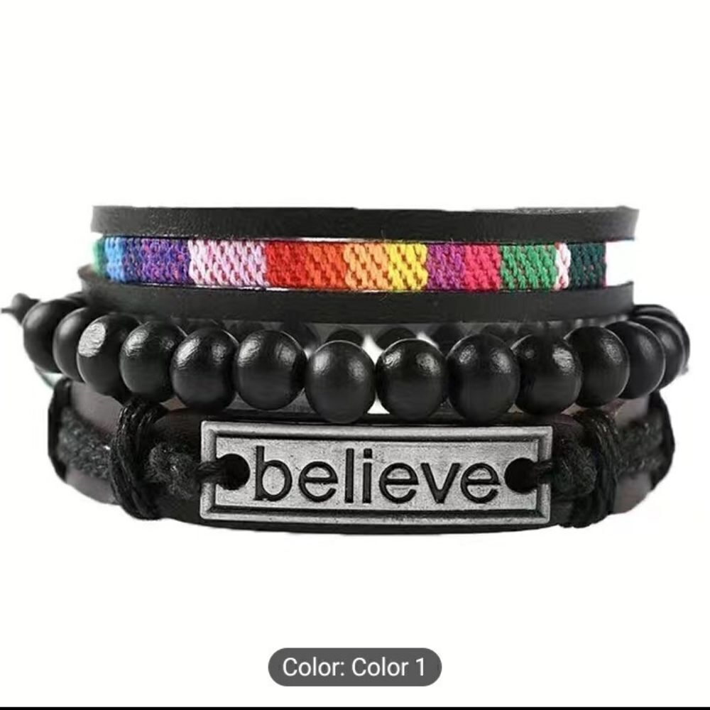 Men's leather bracelets set‎ layered beaded NWT New c2